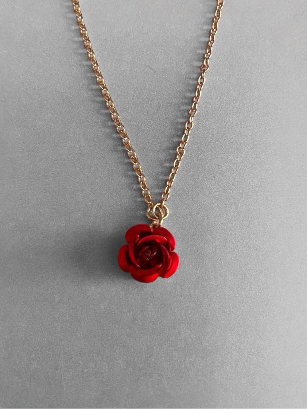 Gold tone Chain Necklace with petite Red Rose Pendant